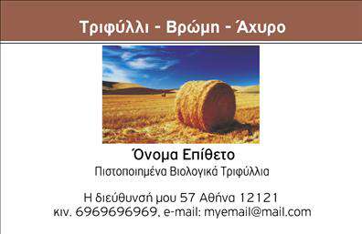 Επαγγελματική κάρτα για βιολογικά προϊόντα σας περιμένει να την ανακαλύψετε! Αυτή η επαγγελματική κάρτα συνδυάζει την κομψότητα με τη φρεσκάδα, δημιουργώντας μια εντυπωσιακή παρουσία για κάθε επιχείρηση που ασχολείται με βιολογικά προϊόντα. Το κύριο χρώμα της κάρτας είναι το πράσινο, που παραπέμπει στη φυσική και υγιεινή διατροφή, ενώ οι γήινοι τόνοι προσθέτουν μια αίσθηση ζεστασιάς και προσιτότητας.Η διάταξη της κάρτας είναι καλά οργανωμένη, με κεντρική θέση για το λογότυπο και τα στοιχεία της επιχείρησης. Η γραμματοσειρά είναι μοντέρνα και ευανάγνωστη, ενισχύοντας την αισθητική της και διευκολύνοντας την αναγνωσιμότητα. Στο background, υπάρχει μια ελαφριά υφή φύλλων που προσθέτει βάθος χωρίς να αποσπά την προσοχή από τις βασικές πληροφορίες.Αυτό το σχέδιο αντανακλά τον επαγγελματισμό και την αξιοπιστία που απαιτεί το επάγγελμα των βιολογικών προϊόντων. Οι κάρτες σας θα ξεχωρίζουν, δίνοντας έμφαση στην ποιότητα και τη φυσικότητα των προϊόντων σας. Επίσης, η κάρτα έχει τη δυνατότητα να προσαρμοστεί ώστε να περιλαμβάνει το όνομα, τον αριθμό τηλεφώνου και άλλες σημαντικές πληροφορίες επικοινωνίας.Με τη δυνατότητα να αναδείξετε τις υπηρεσίες σας μέσω των επαγγελματικών καρτών, η επιχείρησή σας θα αναγνωρίζεται αμέσως από τους πελάτες σας και θα δημιουργήσει μια θετική εντύπωση που μένει. Μπορείτε να κάνετε όποιες αλλαγές θέλετε μέσω του online σχεδιαστικού εργαλείου.